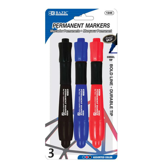 BAZIC Assorted Colors Chisel Tip Jumbo Permanent Markers w/ Grip (3/Pack), pack of 24