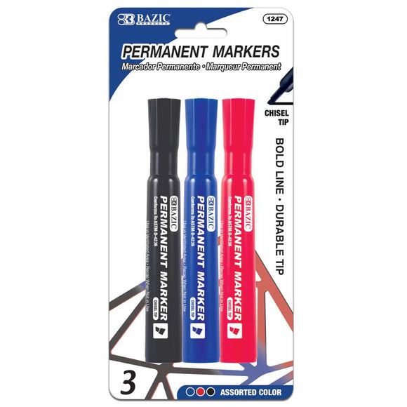BAZIC Assorted Colors Chisel Tip Desk Style Permanent Markers (3/Pack), pack of 24