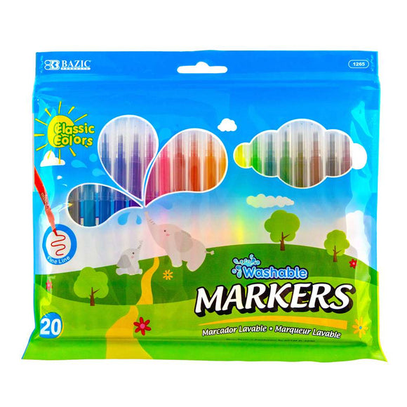 BAZIC 20 Colors Fine Line Washable Markers, pack of 24