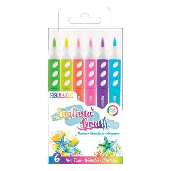 BAZIC 6 Fluorescent Colors Brush Markers, pack of 24