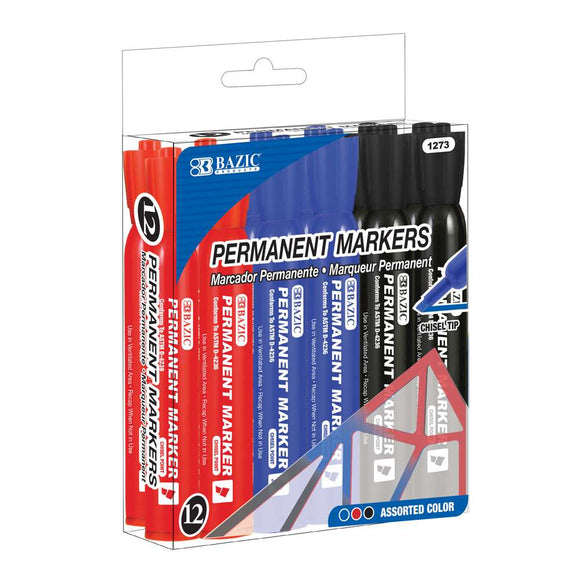 BAZIC Assorted Colors Chisel Tip Desk Style Permanent Markers (12/Box), pack of 12
