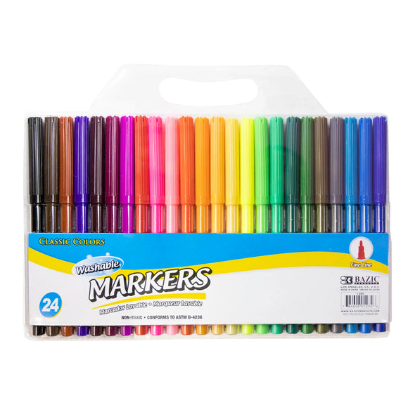 BAZIC 24 Classic Colors Fine Line Washable Markers, pack of 24