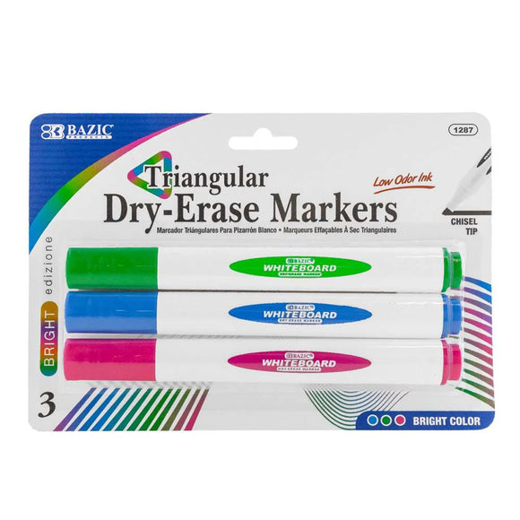 BAZIC Bright Colors Chisel Tip Triangle Dry-Erase Markers (3/Pack), pack of 24