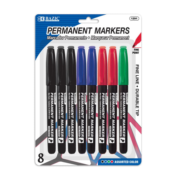 BAZIC Assorted Colors Fine Tip Permanent Markers w/ Pocket Clip (8/Pack), pack of 24