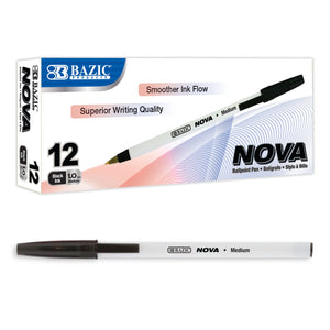 BAZIC Ballpoint Pen Nova Black Color Stick Pens, 1.0 mm, (12/Pack), 12-Pack