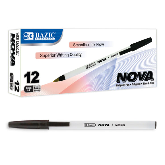 BAZIC Ballpoint Pen Nova Black Color Stick Pens, 1.0 mm, (12/Pack), 12-Pack