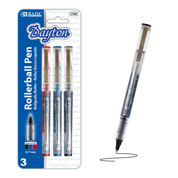 BAZIC Dayton Asst. Color Rollerball Pen w/ Metal Clip (3/Pack), pack of 24