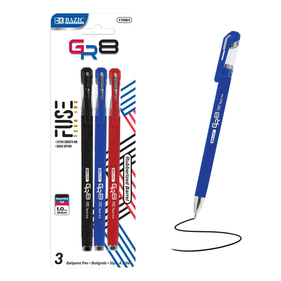 BAZIC GR8 Asst. Color Oil-Gel Ink Pen w/ Rubberized Barrel (3/Pack), pack of 24
