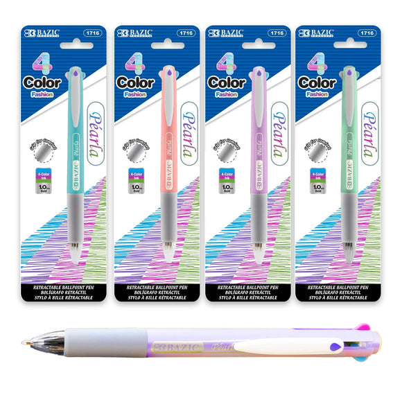 BAZIC Pearla 4-Fashion Color Pen w/ Cushion Grip, pack of 24
