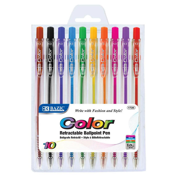 BAZIC Ballpoint Pen 10 Color Retractable Pens, 1.0 mm, (10/Pack), 24-Pack