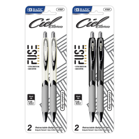 BAZIC Ciel Chroma FUSE Tech Ink Retractable Pen w/ Rubberized Barrel & Metal Clip (2/Pack), pack of 24