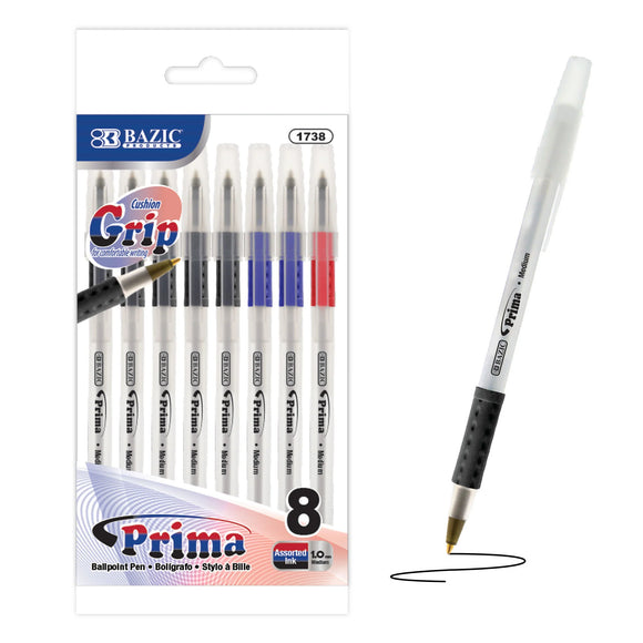 BAZIC Prima Assorted Color Stick Pen w/ Cushion Grip (8/Pack), pack of 24