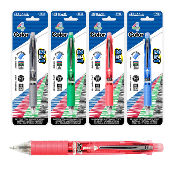 BAZIC 2-In-1 Mechanical Pencil & 4-Color Pen w/ Grip