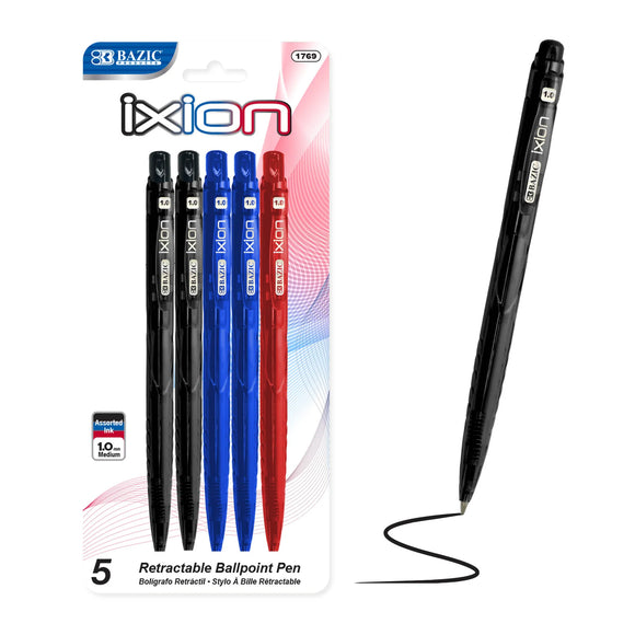 BAZIC Ixion Assorted Color Retractable Pen (5/Pack), pack of 24