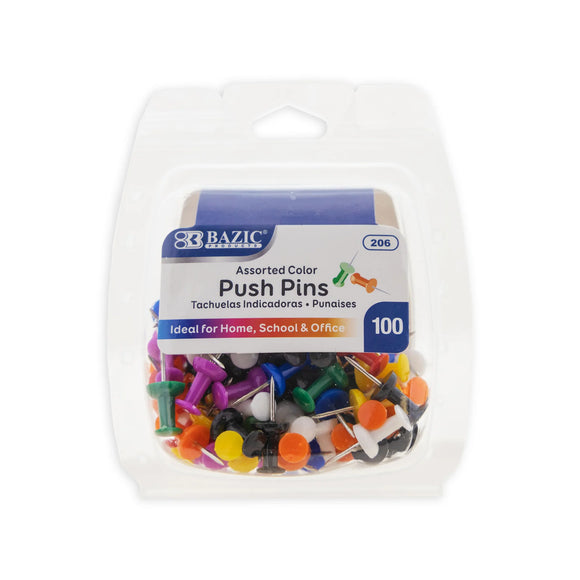 BAZIC Assorted Color Push Pins (100/Pack), pack of 24