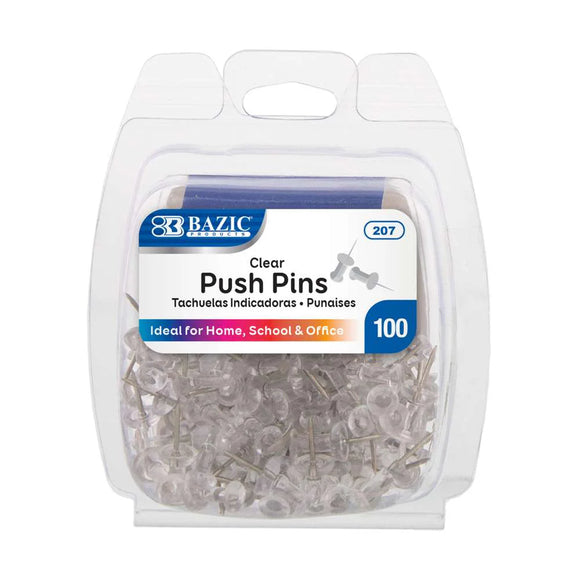 BAZIC Clear Transparent Push Pins (100/Pack), pack of 24