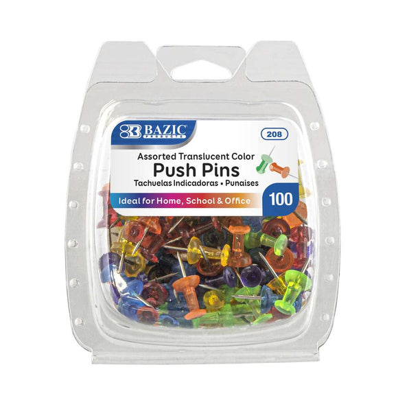 BAZIC Assorted Translucent Color Push Pins (100/Pack), pack of 24