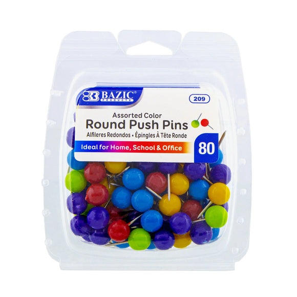 BAZIC Assorted Color Round Push Pins (80/Pack), pack of 24