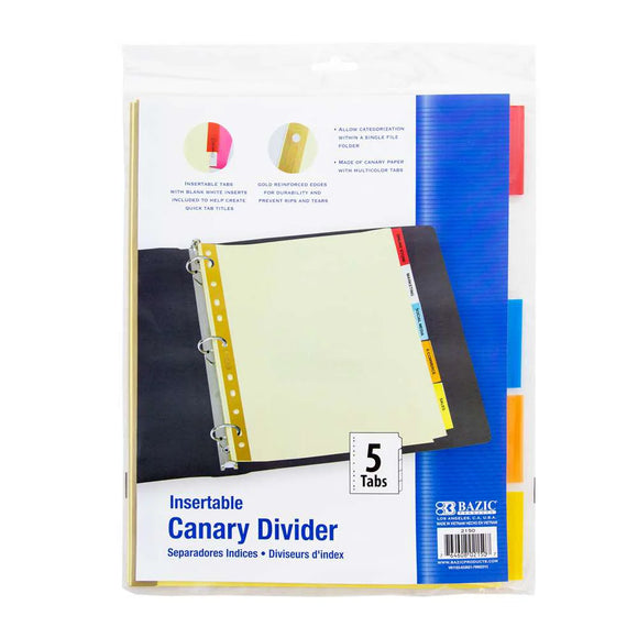 BAZIC Canary Paper Dividers w/ 5-Insertable Color Tabs, pack of 24