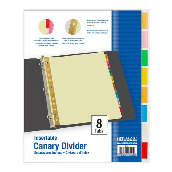 BAZIC Canary Paper Dividers w/ 8-Insertable Color Tabs, pack of 24