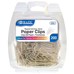 BAZIC No.1 Regular (33mm) Silver Paper Clips (200/Pack), pack of 24