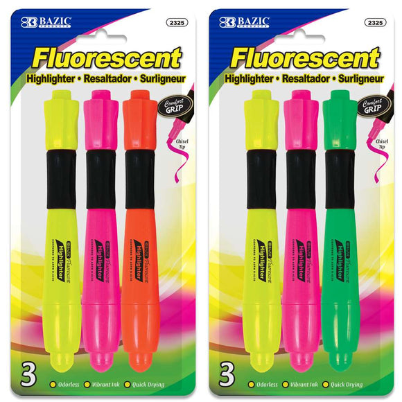 BAZIC Desk Style Fluorescent Highlighters w/ Cushion Grip (3/Pack), pack of 24
