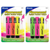 BAZIC Fluorescent Highlighters w/ Pocket Clip (3/Pack), pack of 24