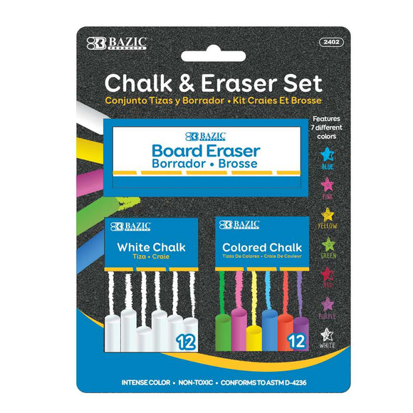 BAZIC 12 Color & 12 White Chalk w/ Eraser Set, pack of 24