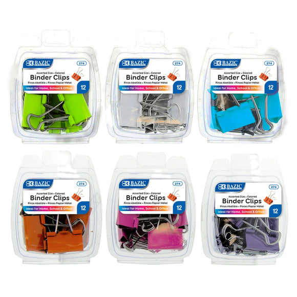 BAZIC Assorted Size Color Binder Clip (12/Pack), pack of 24