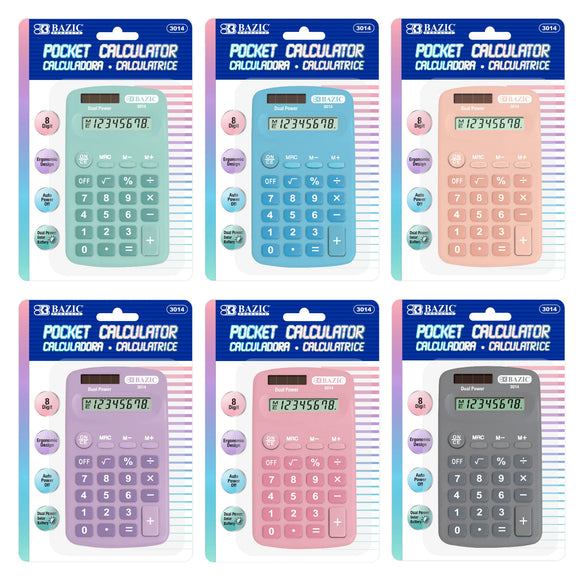 BAZIC 8-Digit Dual Power Pocket Size Calculator - Pastel Color, pack of 24