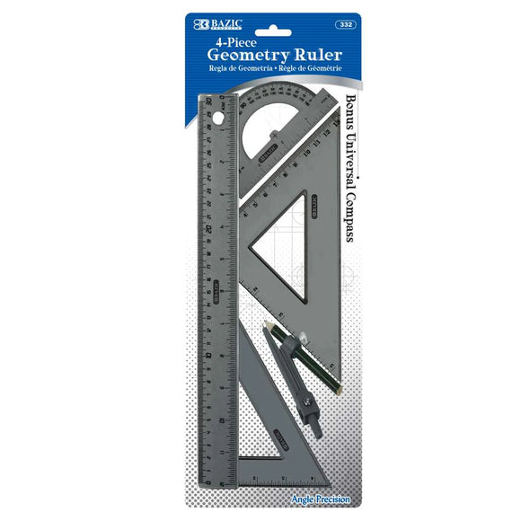 BAZIC 4-Piece Geometry Ruler Combination Sets w/ Compass, pack of 24