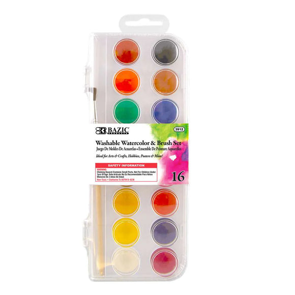 BAZIC Watercolor w/ Brush & Mixing Palette, 16 Color Non-Toxic, 24-Pack