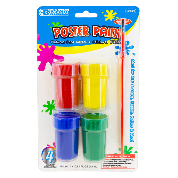 BAZIC 0.6 FL OZ (18 mL) 4 Color Poster Paint w/ Brush, pack of 24