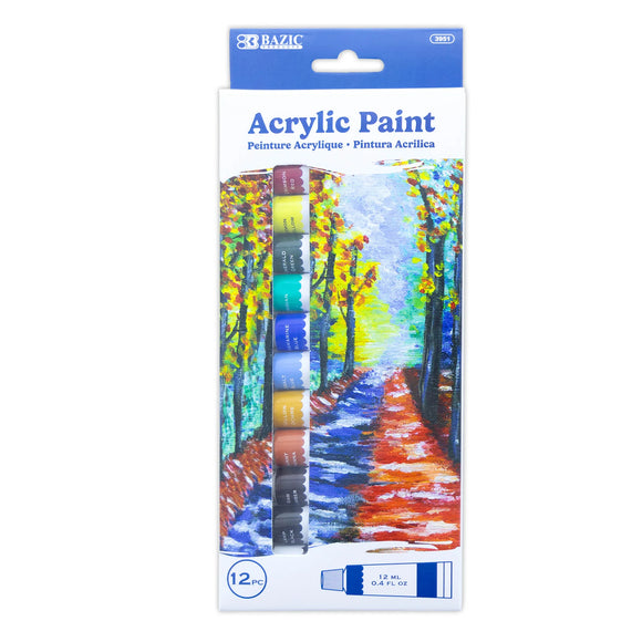 BAZIC 0.4 FL OZ (12 mL) 12 Colors Acrylic Paint, pack of 12