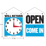 BAZIC 7.5" X 9" "WILL RETURN" Clock Sign w/ "OPEN" sign on back