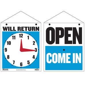BAZIC 7.5" X 9" "WILL RETURN" Clock Sign w/ "OPEN" sign on back