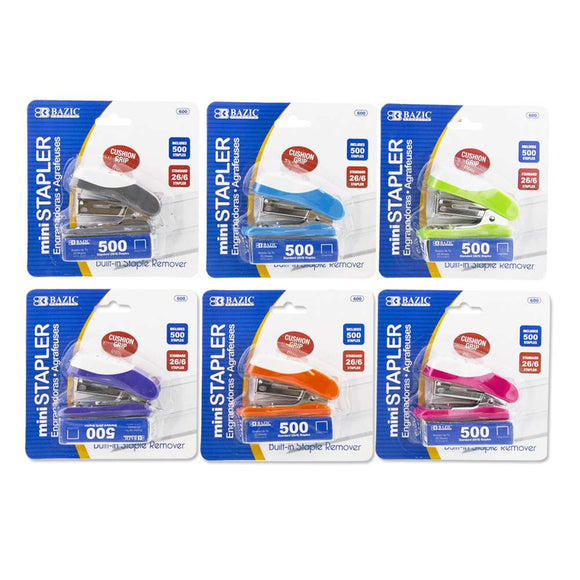 BAZIC Mini Cushion Grip Standard (26/6) Stapler w/ 500 Ct. Staples, pack of 24