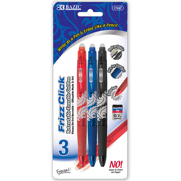 BAZIC Frizz Assorted Color Erasable Gel Retractable Pen with Grip (3/Pack), pack of 24