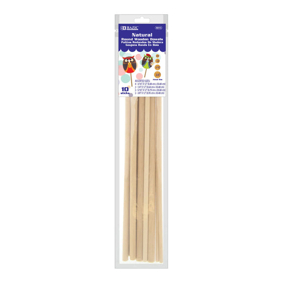 BAZIC Assorted Round Natural Wooden Dowel (10/Bag), pack of 24