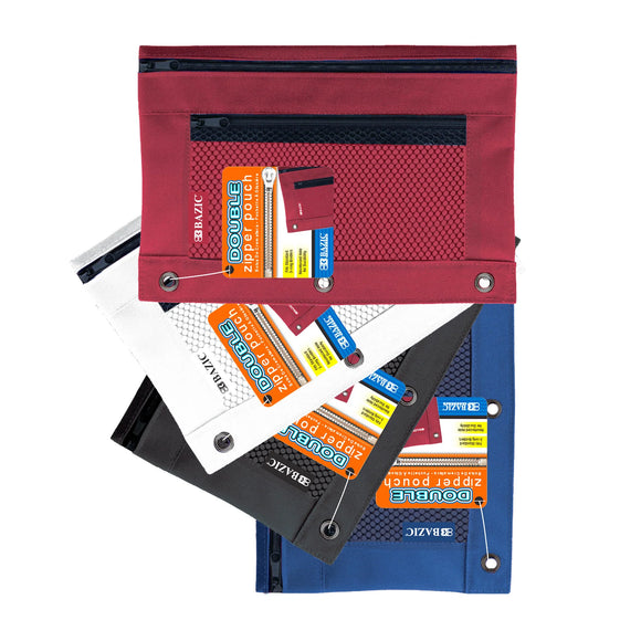 BAZIC Double Zipper 3-Ring Pencil Pouch w/ Mesh Window, pack of 24