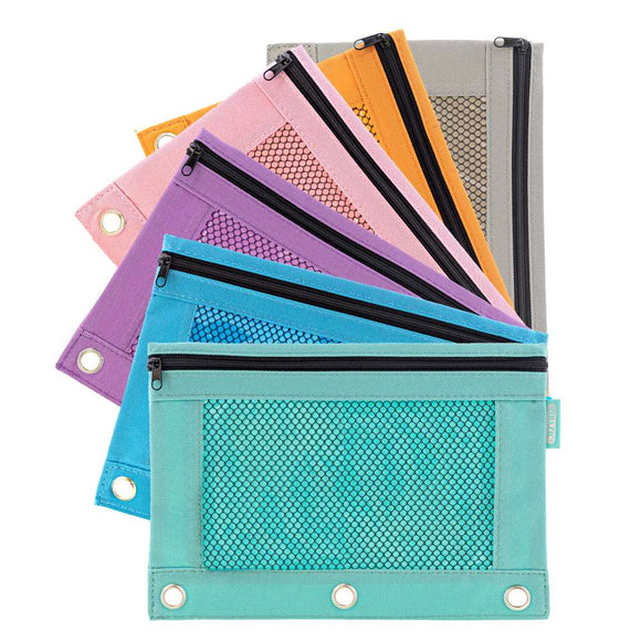 BAZIC Retro Color 3-Ring Pencil Pouch w/ Mesh Window, pack of 24